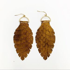 Leather Snake Skin Embossed Leaf Drop Earrings